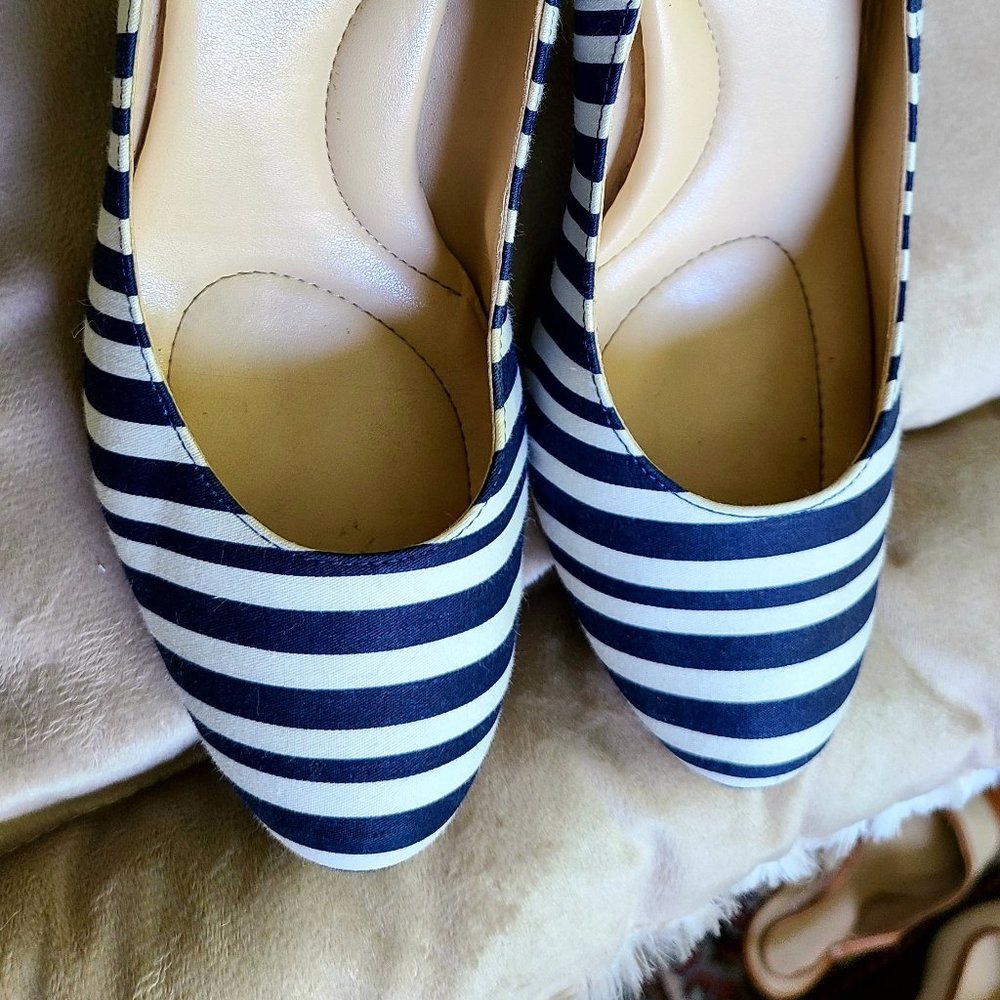 Navy blue and white striped shoes.